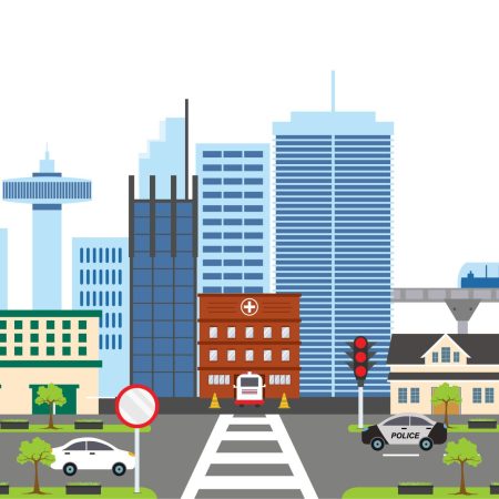 Urban city landscape set design, vector illustration flat element of houses building with car, airplane, traffic light, and train station. Concept of suburban decoration of town city management.