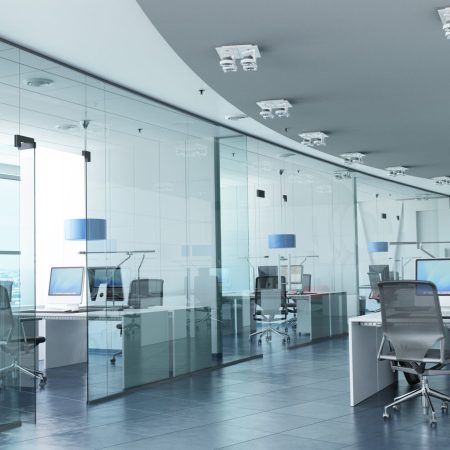 Very realistic 3D rendering of a modern corporate office in white, glass and blue